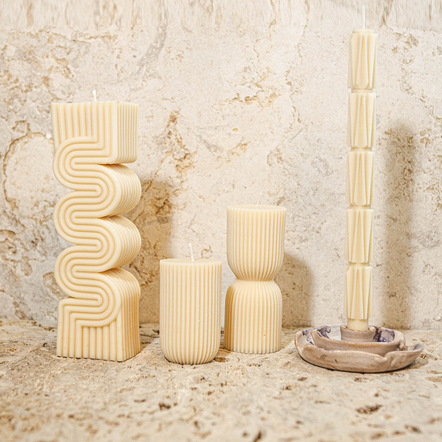 stripe pillar candle small creamy white by sculptos